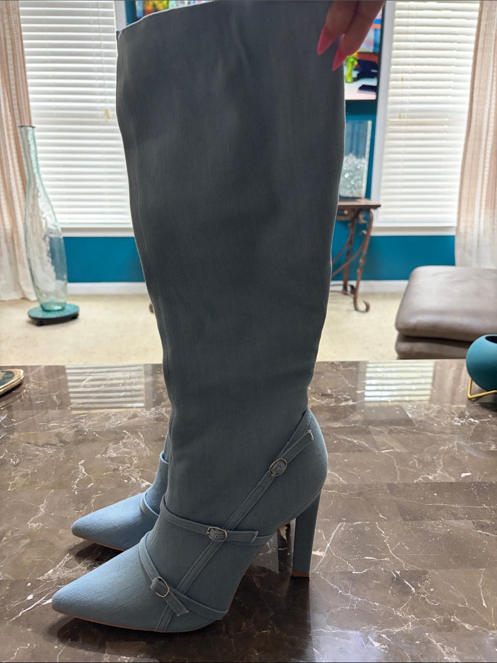 Fashion Nova Sky Blue Knee-High Pointed Toe Heel Boots